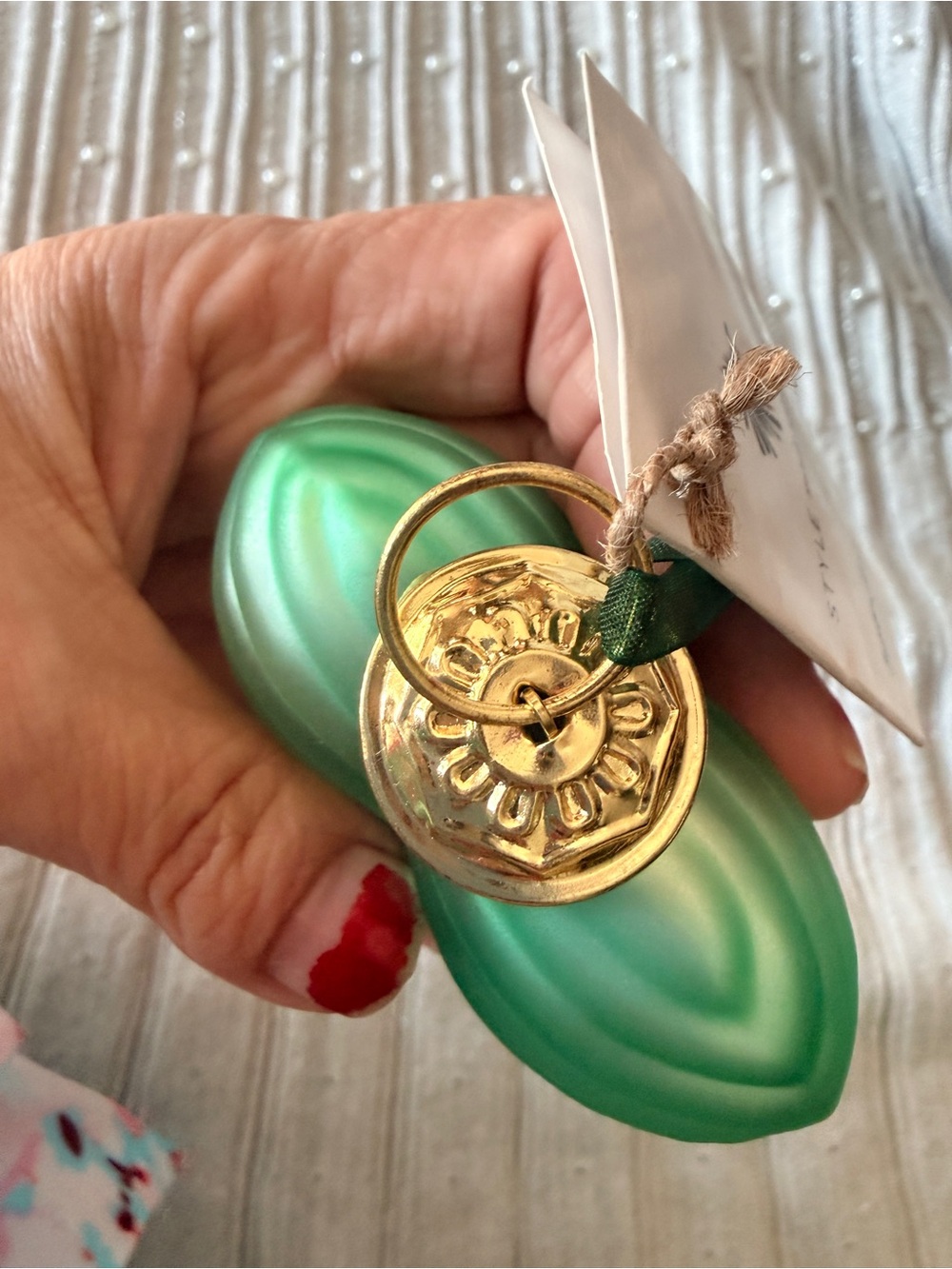 Noonday Frosted Glass Heart Ornament with Ridged Texture and Green Mesh Ribbon - Picture 4 of 5